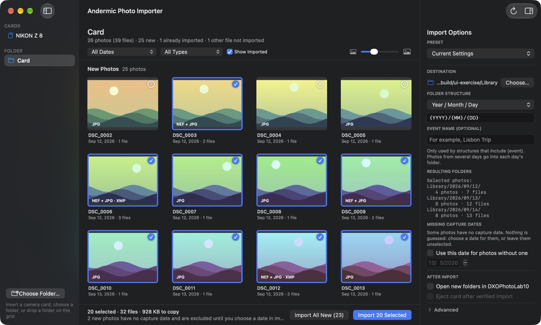 The import window: new photos selected on a camera card, with import options on the right